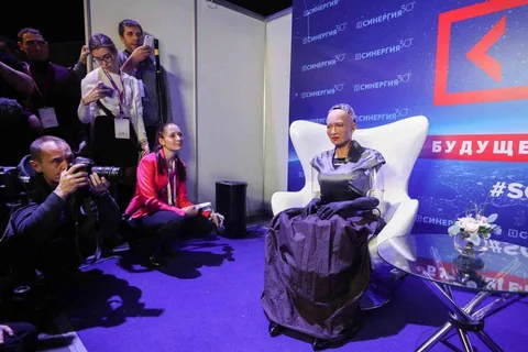 The humanoid robot, sings with a live orchestra in a classical music concert