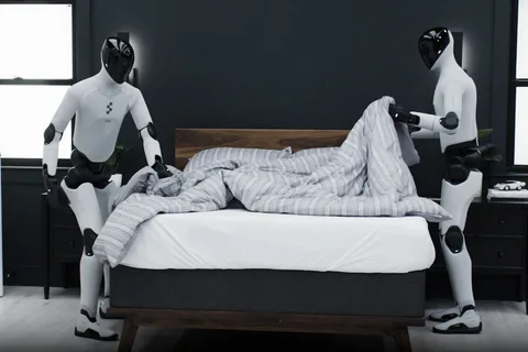 Two Humanoid Robots Clean a Bedroom, Organizing, Hanging Clothes, and Making the Bed